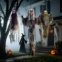 Halloween Hanging Skeleton Ghost Decorations 3 Pack, Flying Grim Reaper Figures with Adjustable Arms, Indoor Outdoor Haunted House Garden Party Props