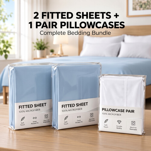 (Small Double, Light Blue) 2 Pack Fitted Sheets with 2 Pillowcases – Plain Dyed Deep Fitted Bed Sheets – Soft Microfiber Bedding Set 25cm