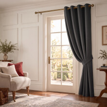 (Dark Grey, 66x84 Inches (Single Panel Door)) Curtains Blackout Eyelet Ringtop Ready made Drapes with tiebacks