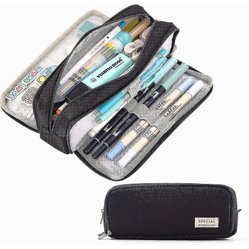 Astuccio capiente con 3 scomparti, borsa per penne, ideale per ragazzi, ragazze, uomini e donne (nero)