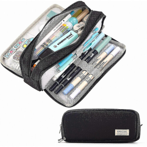 Astuccio capiente con 3 scomparti, borsa per penne, ideale per ragazzi, ragazze, uomini e donne (nero) 1