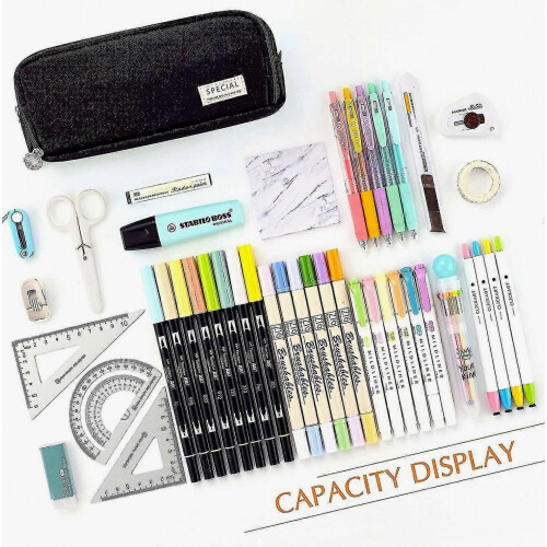 Astuccio capiente con 3 scomparti, borsa per penne, ideale per ragazzi, ragazze, uomini e donne (nero) 2