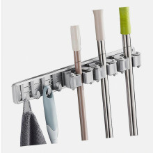 Dweilhouder met haken, bezemhouder, boor- en spijkervrije wandmontage, bezemhanger, organizer, aluminium opbergrek voor keuken, badkamer en tuin.