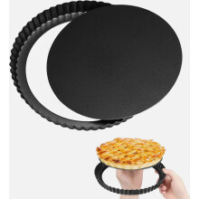 11 inch Round Fluted Tart Tin Flan Tins Non Stick Carbon Steel Tart Mould Removable Loose Bottom Pie Dish for Baking Pizza Pie Flans