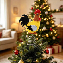 Felt Rooster Christmas Tree Topper, Farmhouse Animal Decoration with Metal Spring Base for Xmas