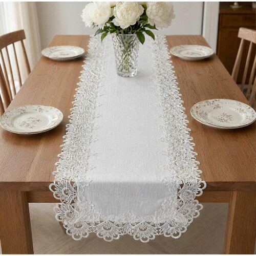 Runner in pizzo per decorazioni – Eleganti nappe e tessuto jacquard – per dessert e buffet 1