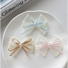 4PCS Hairpin Embroidery Lace Ribbon Bowknot Decor Hair Clip with Imitation Pearls Bangs Ponytails Buns Hair Accessories