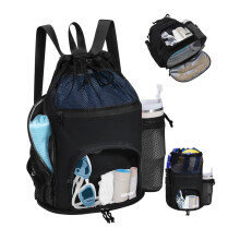 WANDF Drawstring Swim Bag, Sandproof Mesh with Wet and Dry Compartments (Black)