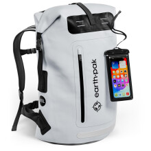Earth Pak Waterproof Backpack with Roll-Top Closure, Front Pocket, Cushioned Back Panel & Phone Case (Gray, 85L)