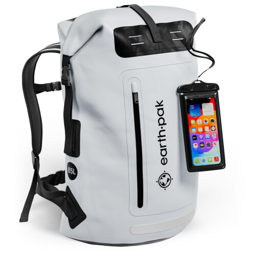 Earth Pak Waterproof Backpack with Roll-Top Closure, Front Pocket, Cushioned Back Panel & Phone Case (Gray, 85L)