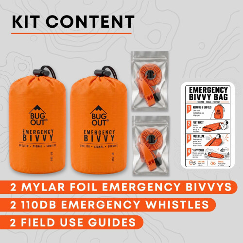 BUG OUT Mylar Foil Survival Bivvy Bag with Emergency Whistle 2 Pack 2