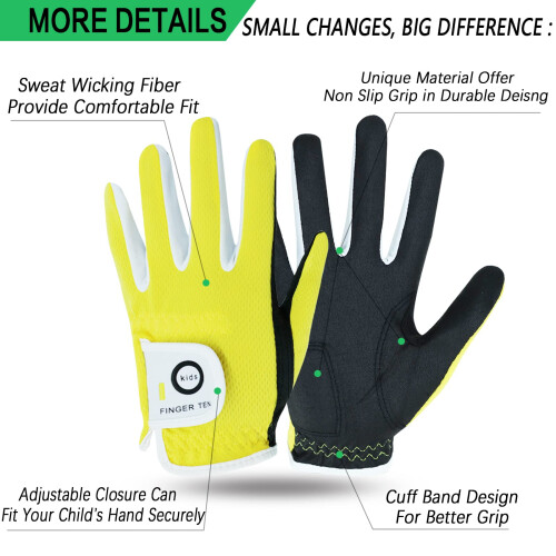 FINGER TEN Golf Gloves Kids Rain Grip 2 Pack(Yellow,Left,M) 1