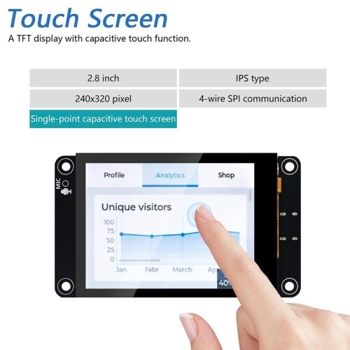 Tela ESP32 ESP32-S3 CYD de 2,8 Polegadas com Resolução de 240x320 e Tecnologia IPS Touch Screen, Microcontrolador Dual-Core de 32 Bits e 240 MHz com 2