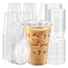 100er-Packung 473 Ml (16 Oz) Einwegbecher Aus Transparentem Kunststoff mit Deckel, Strohhalm, BPA-Frei, Auslaufsicher für Eiskaffee, Smoothies und