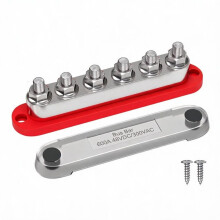 Barra Colectora de 600 A y 48 V con 6 Pernos de 3/8" (M10), Kit de Terminales de Batería Industrial para Sistemas Solares Aislados, Color Rojo
