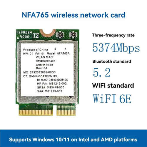 Placa de Rede Sem Fio NFA765 WIFI 6E com Antena Integrada, AX6000 Tri Band M.2 e  5.2 para PC com Windows 10 e 11. 2