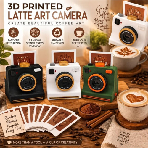 3D Printed Latte Camera Vintage  Replaceable Cards DIY Latte Art Camera Tool One Touch Press+4 Random Stencils A 1