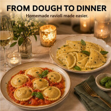 Ravioli Maker Press 8-Hole Round Mold with Empanada Maker, Ravioli Cutter Wheel and Rolling Pin Set