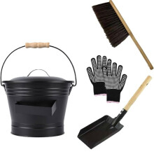 6L Metal Ash Bucket with Lid - Metal Ash Bucket Incl. Gloves, Shovel & Hand Brush for Fireplace & Grill