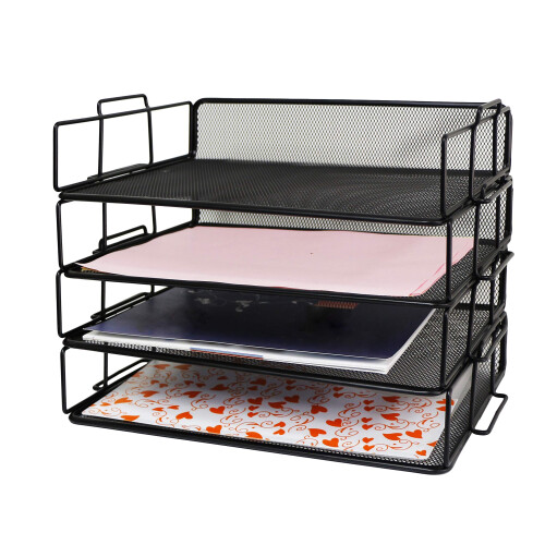 EXERZ Letter Trays 4pcs Stackable Paper Sorter A4 Desk File Organiser Black 1
