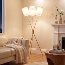 Moderne gouden driepoot vloerlamp met stoffen kappen