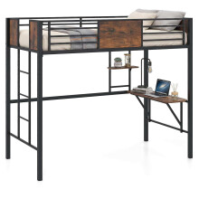 Metalen hoogslaper met bureau en planken, zwart