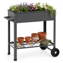 Verrijdbaar metalen verhoogd tuinbed met wielen en plank.