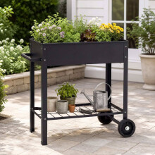 Verrijdbaar metalen verhoogd tuinbed met wielen en plank, zwart