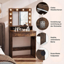 Kaptafel met spiegel, ledverlichting, rustiek bruin
