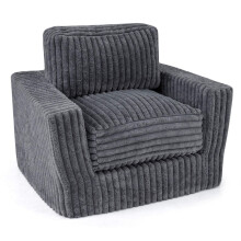 Grijze corduroy foam bank met afneembare hoes en kussens.