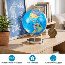 Verlichte wereldbol van 23 cm met metalen voet en sterrenkaart.