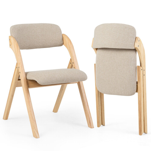 Folding Dining Chairs Set of 2, Rubber Wood, Beige Cushions