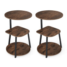 Set of 2 Round 3-Tier Side Tables, Brown Wood, Metal Frame