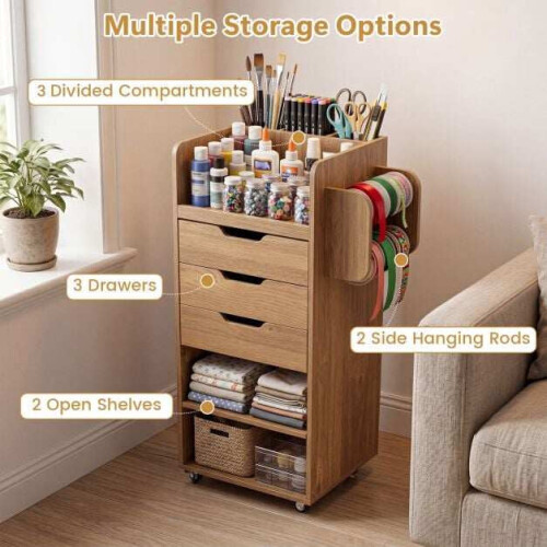 Craft Storage Trolley with Drawers and Shelves, Natural 1