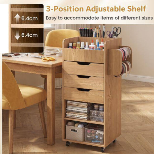 Craft Storage Trolley with Drawers and Shelves, Natural 2