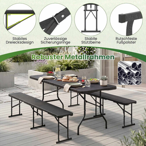 Folding Rattan-Look Beer Bench, Black, 182cm, Portable 2