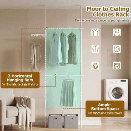 Telescopic Clothes Rack, Adjustable Metal, White 1
