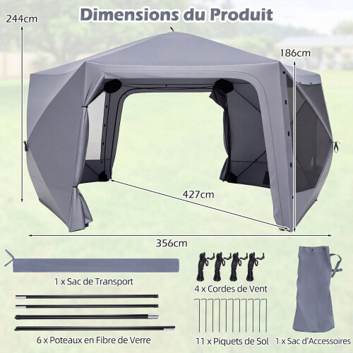 Folding Hexagonal Gazebo with Mosquito Nets and Curtains 2
