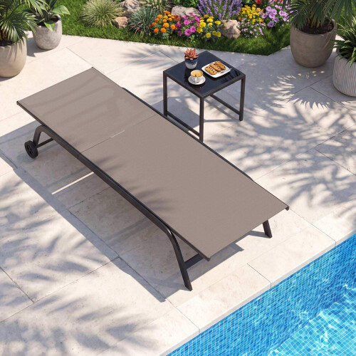 Outdoor Sun Lounger with Wheels & Side Table, Brown 1