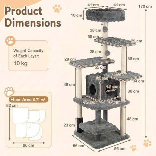 170cm Grey Cat Tree with Sisal Posts and Cave