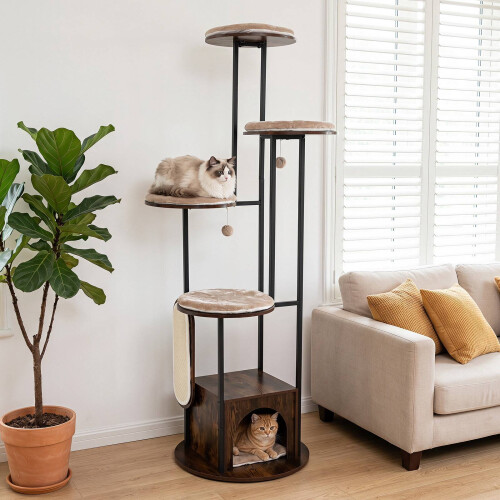 72-Inch Multi-Level Cat Condo with Top Perch, Rustic Brown