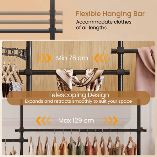 Adjustable Black Clothes Rack with 4 Hanging Rods, 43.3"-124" 1