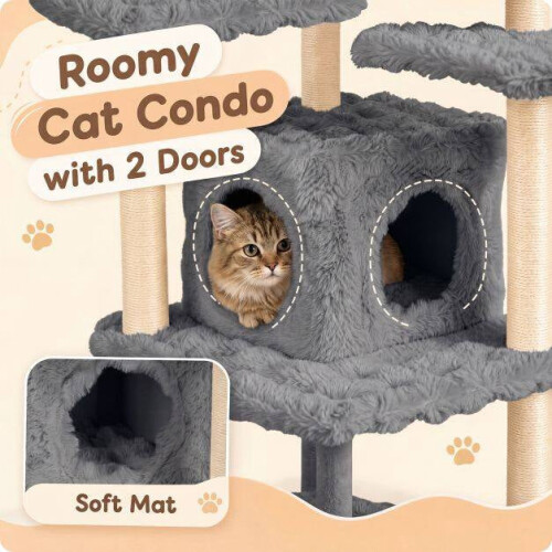 170cm Grey Cat Tree with Sisal Posts and Cave 1