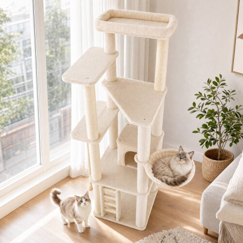 Tall Modern Cat Tree with Condo, Perch & Sisal Posts - Beige
