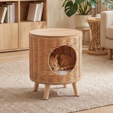 Rattan Cat House with Removable Cushion & Rubberwood Base
