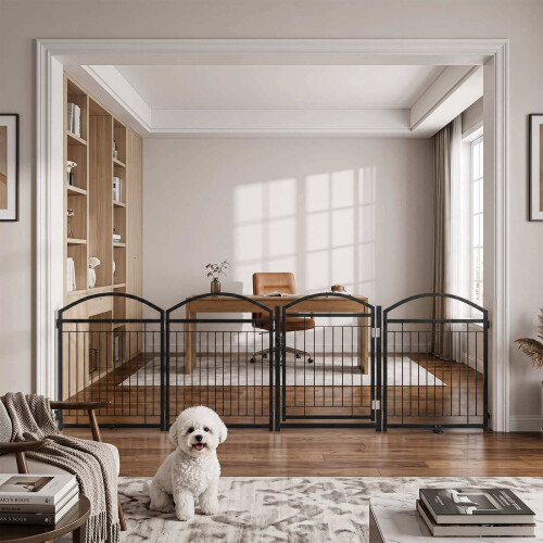 Foldable Dog Barrier Gate with 4 Panels & Door, Black