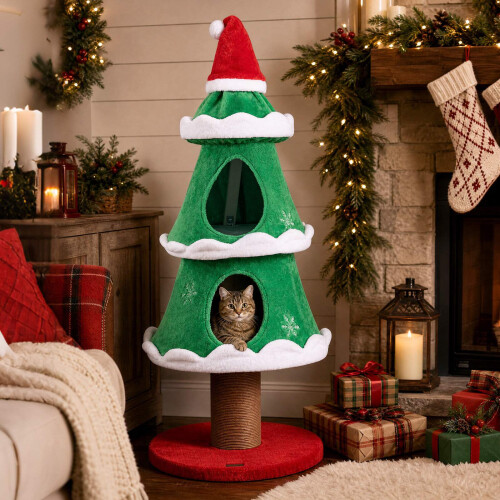 Christmas Cat Tree with Snow Decorations, 130cm Tall 1