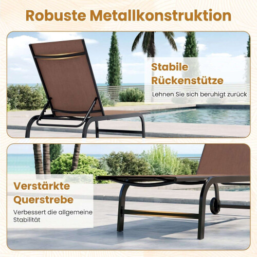 Adjustable Brown Sun Lounger with Wheels & Breathable Fabric 1