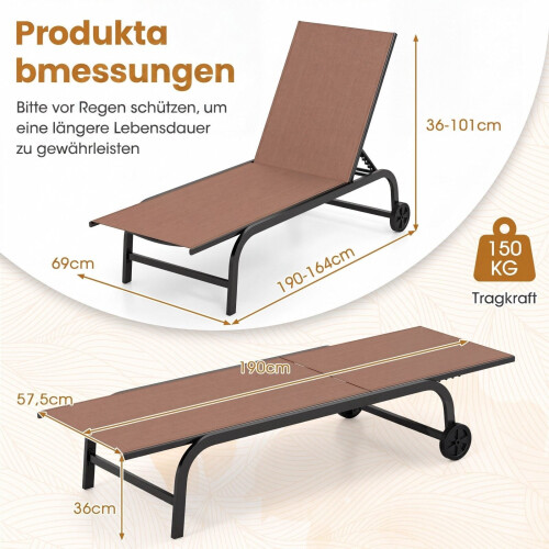 Adjustable Brown Sun Lounger with Wheels & Breathable Fabric 2
