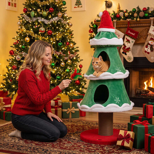Christmas Cat Tree with Snow Decorations, 130cm Tall 2